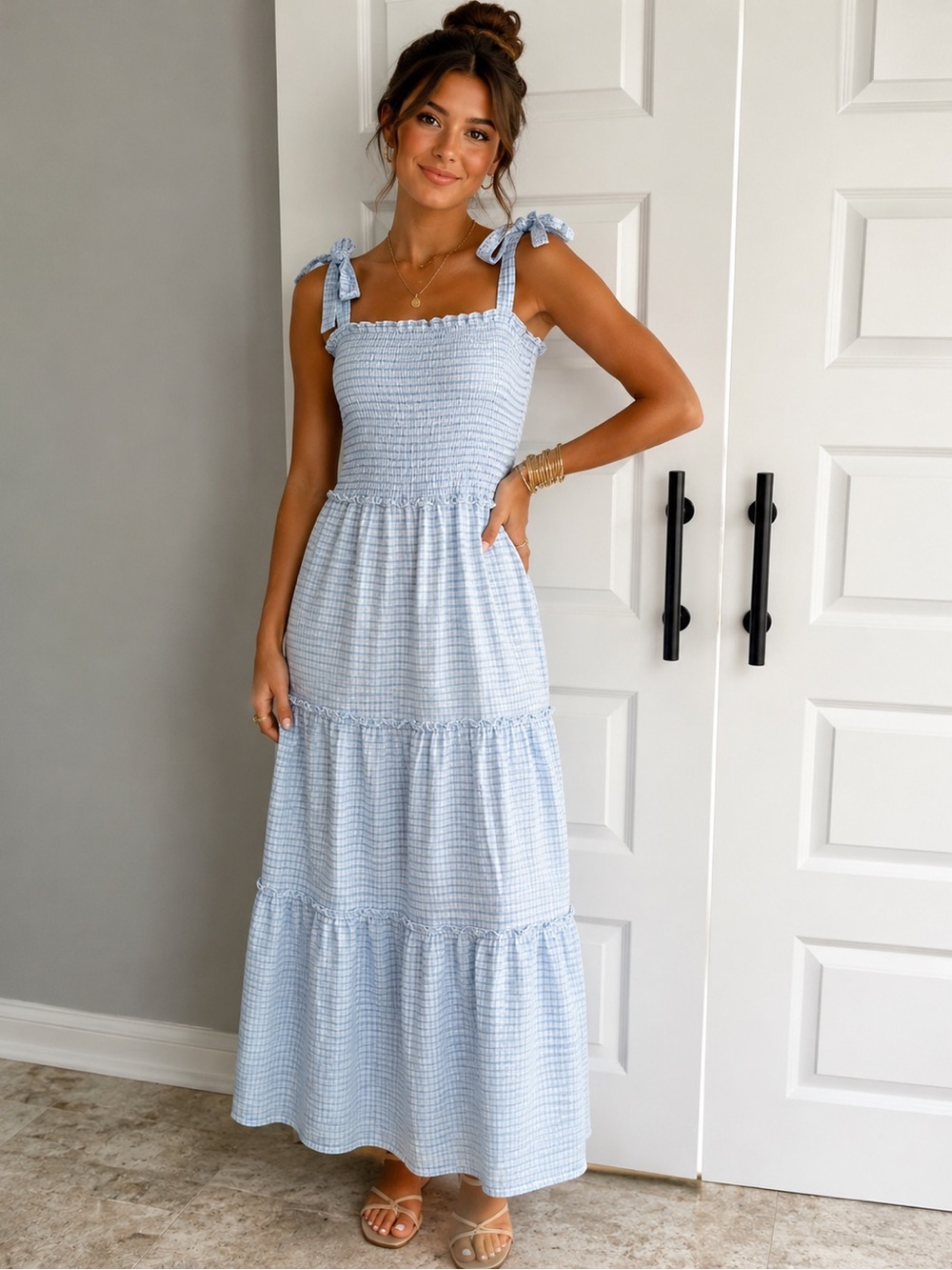 Light Blue Gingham Smocked Maxi Dress med‎